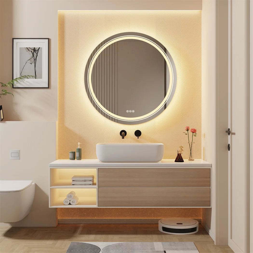 miroir rond lumineux argenté moderne éclairé antibuée écran tactile led dimmable