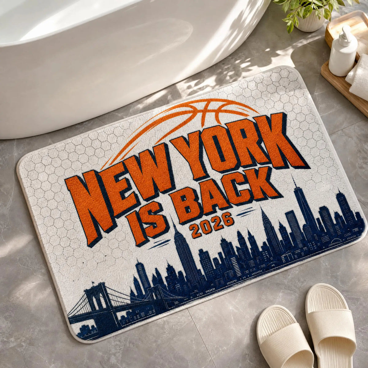 tapis bain blanc bleu marine orange motif gratte ciel york basketball moderne