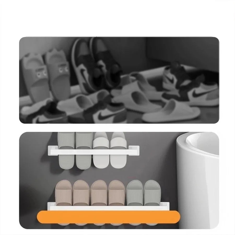support rangement mural sabots moderne adhésif rose clair beige bleu gris rayures horizontales plastique