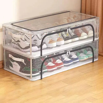 boîtes rangement chaussures empilables transparentes maille métallique moderne poignées élégantes organisation.storage