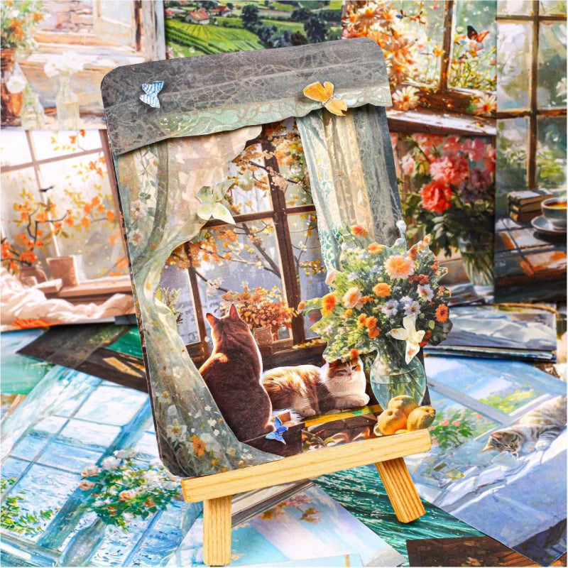 papier décoratif vintage cartes postales paysages fenêtres fleurs rideaux papillons scrapbooking noël mariage anniversaire
