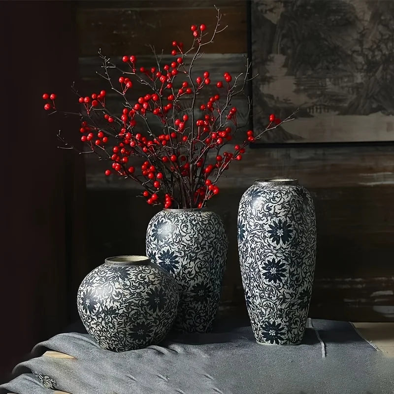 vases céramique blanc noir floral traditionnels classiques salon entrée decoration cylindrique