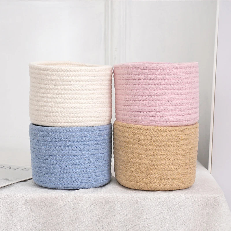 corbeilles rangement tissées coton blanc rose bleu clair pliables respectueuses l'environnement multifonctionnelles moderne rustique