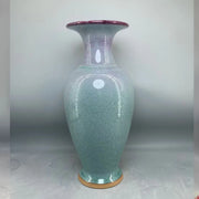 vase céramique vert turquoise violet aspect granuleux effet moucheté socle bois hauteur 35 cm