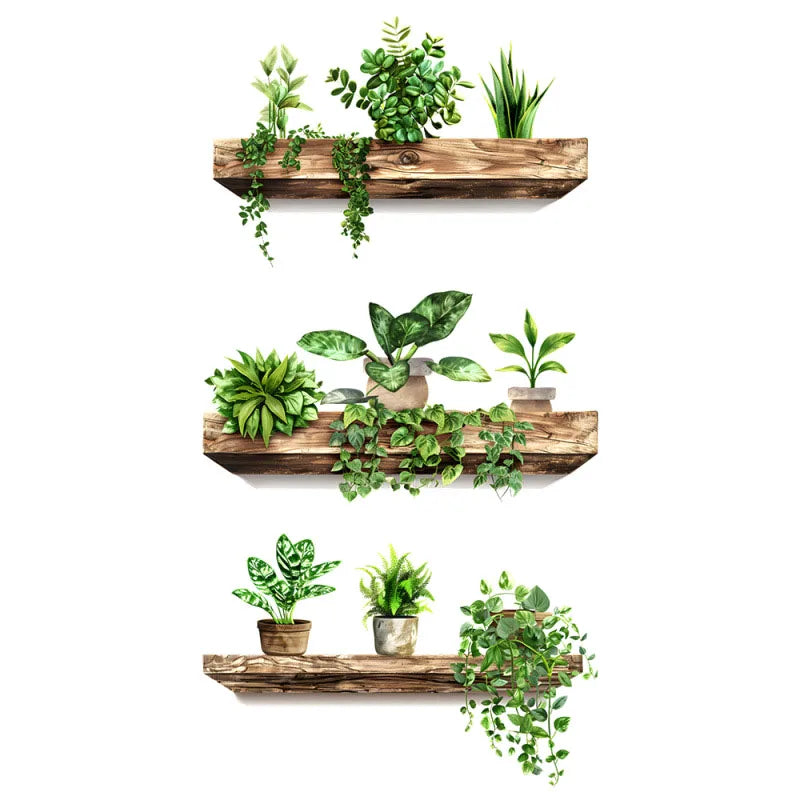 autocollants muraux créatifs étagères bois brut feuilles vertes rustique naturel adhésif amovible décoration maison