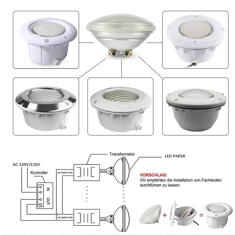 projecteurs piscine led ip68 rgb blanc chaud blanc froid controle distant 12vac 18w 35w