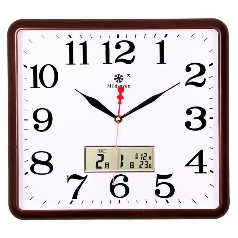 horloge murale carrée quartz aiguille classique cadre marron cadran blanc salon cuisine decoration murale