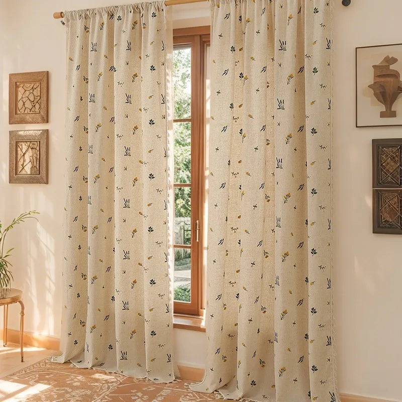 rideau fleuri semi transparent rustique beige clair fleurs vertes salon pastoral 132x214cm 2panneaux