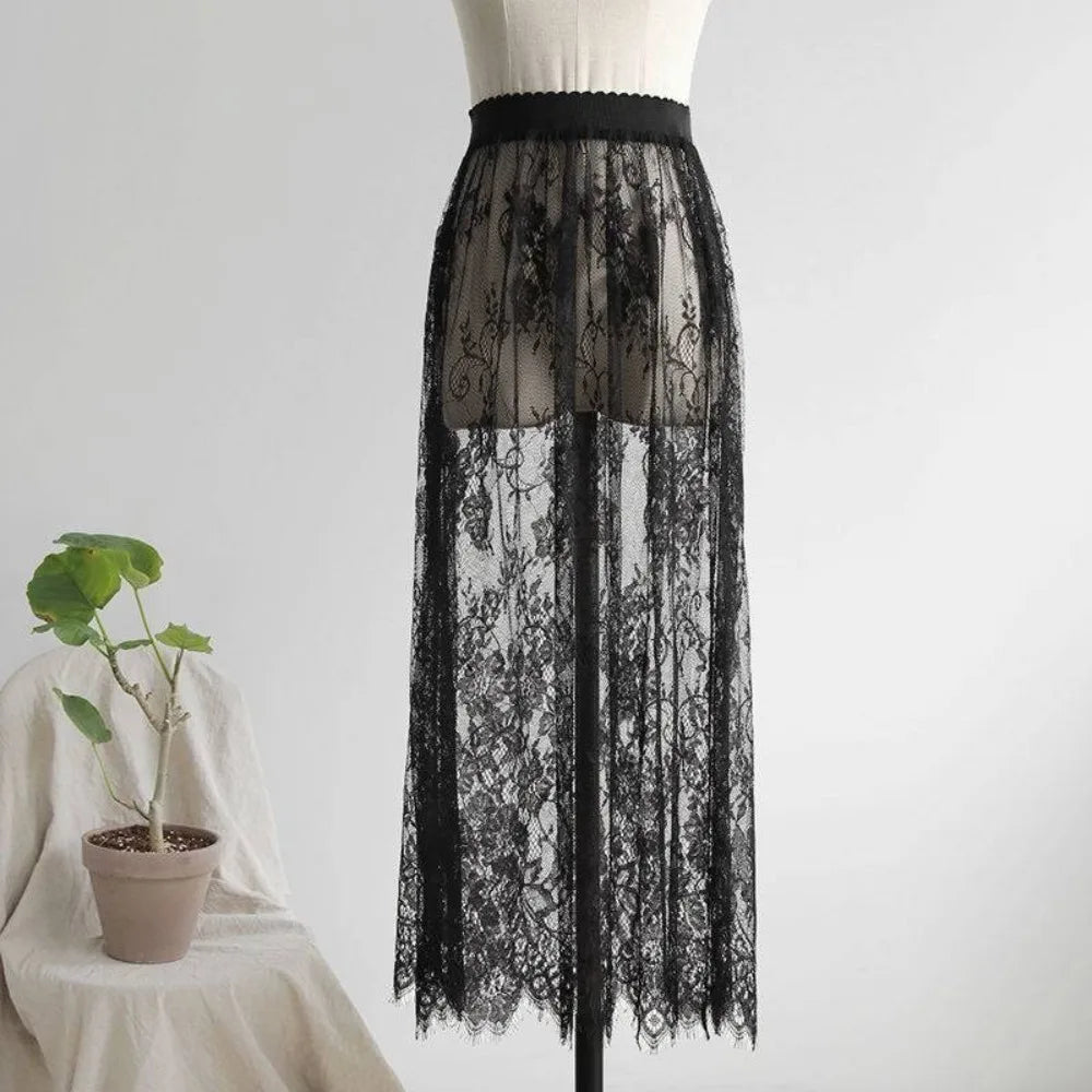 jupe dentelle noire translucide vintage été femme mi mollet droiteSizeMode: taille moyenne non extensible