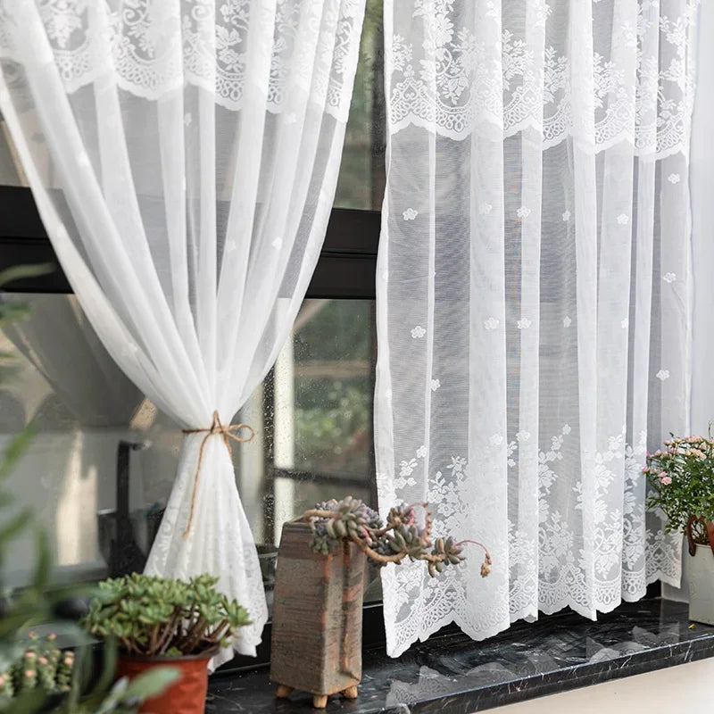 rideau blanc brodé fleur transparent classique cuisine tulle polyester inclusion ruban fixation