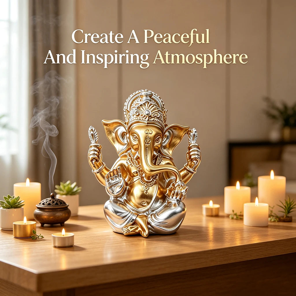 statue ganesha or argent résine détails complexes spirituel décoratif maison salon