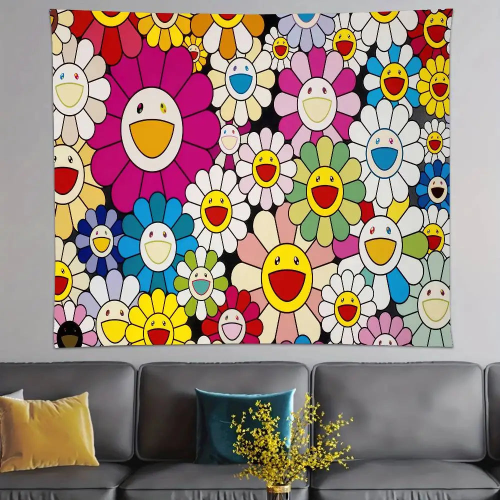 tapisserie pop art fleurs visages souriants multicolore salon chambre polyester rectangle