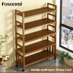 présentoir vertical étagère fleurs mobile bois naturel lattes horizontales moderne 10 niveaux roulettes balconintérieur