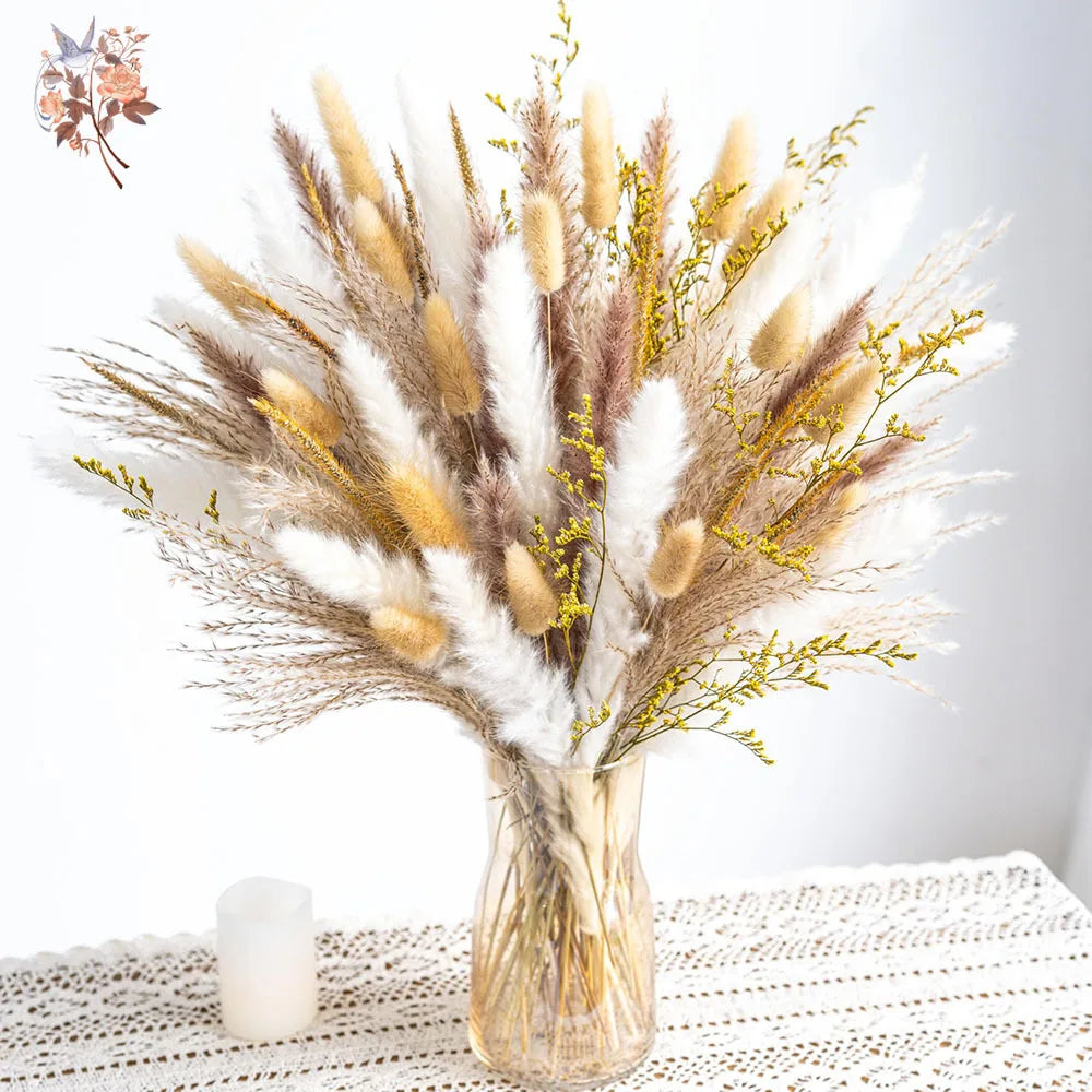 bouquet fleurs séchées naturel plumes pampa blanches vertes rustique décoration intérieure anniversaire fête maison