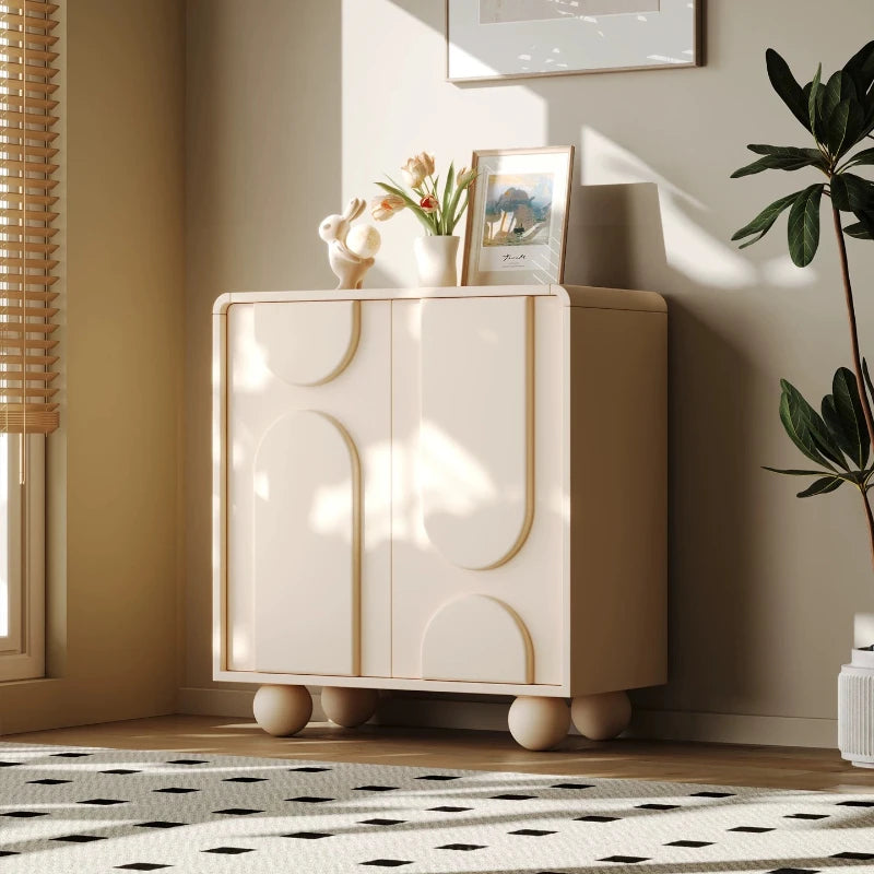 meuble rangement moderne bois motifs géométriques beige clair pieds ronds