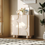 meuble rangement moderne bois motifs géométriques beige clair pieds ronds