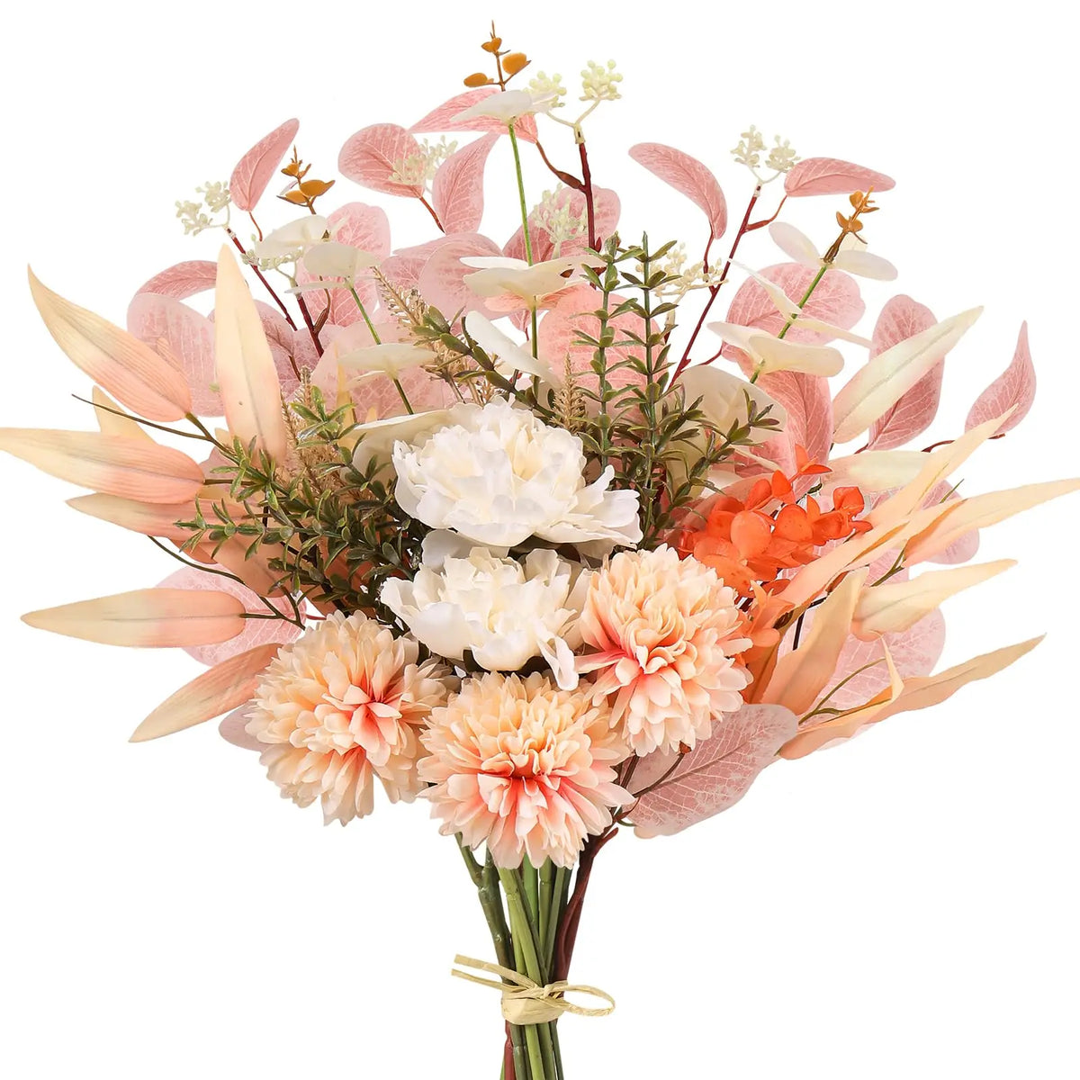 bouquet floral artificiel rose pêche blanc orange vert rustique bohème eucalyptus branches feuilles intérieur