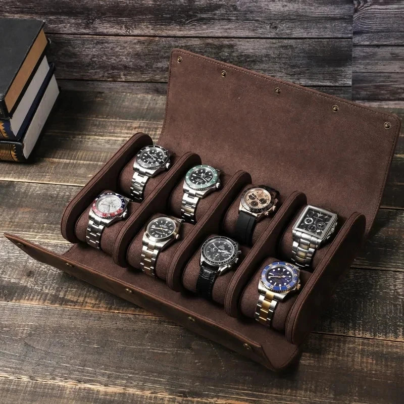 Boîte à montres cuir noir avec 6 montres rangées