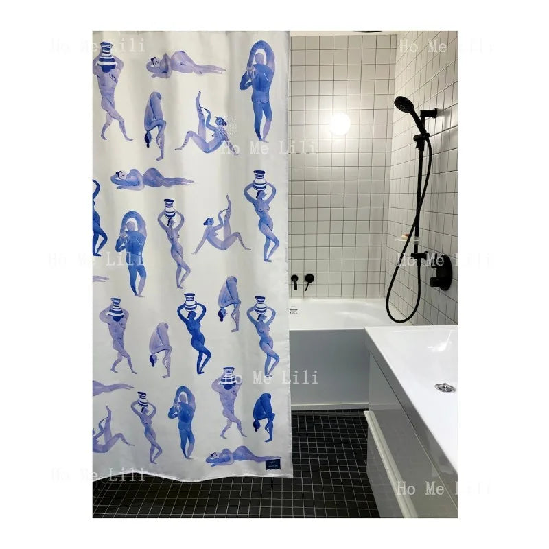 rideau douche moderne blanc bleu personnages abstraits respectueux environnement opaqué ourlet lesté hooks
