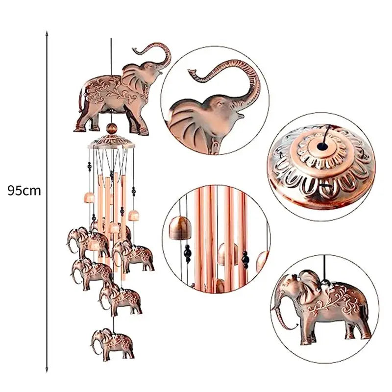 mobile musical vent éléphants bronze cloches décoratives asiatique suspension papillons gravures complexes