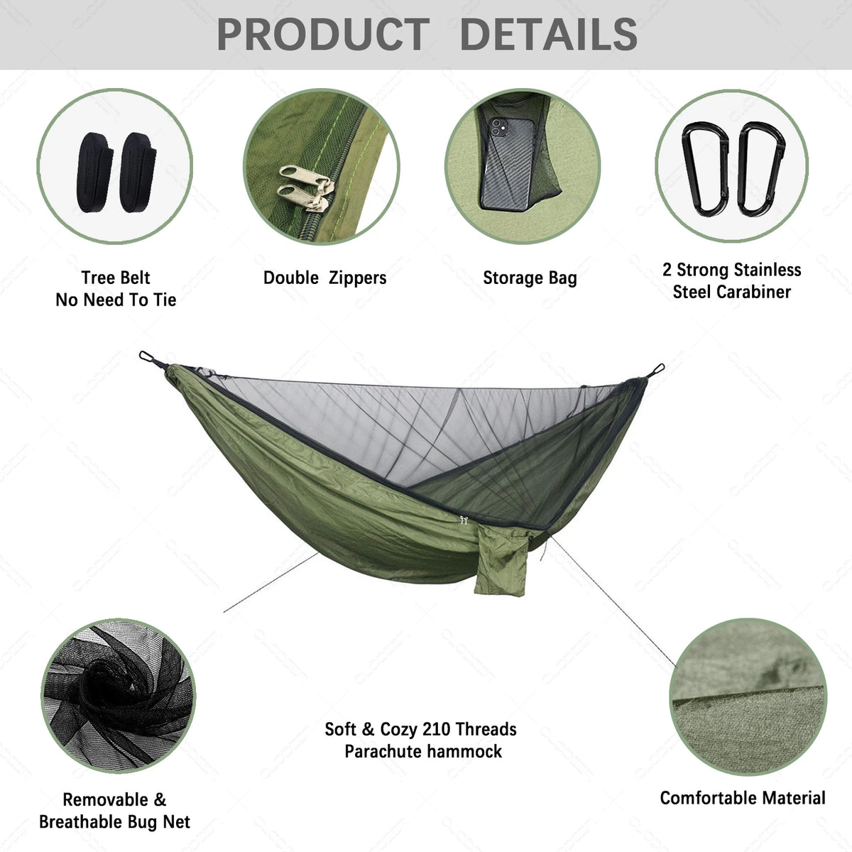 hamac deux personnes vert olive parachute léger filet antimosquitos carabines inox piquets aluminium sac