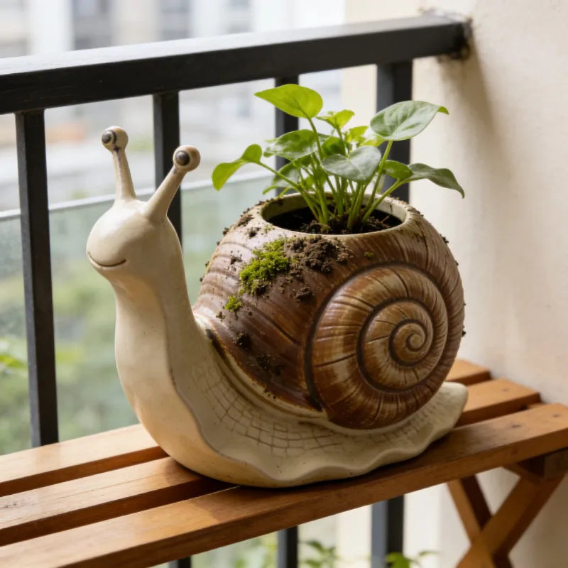 pots fleurs escargot imitation coquille spirale texture rugueuse plantes succulentes cactus marguerites décoration jardin