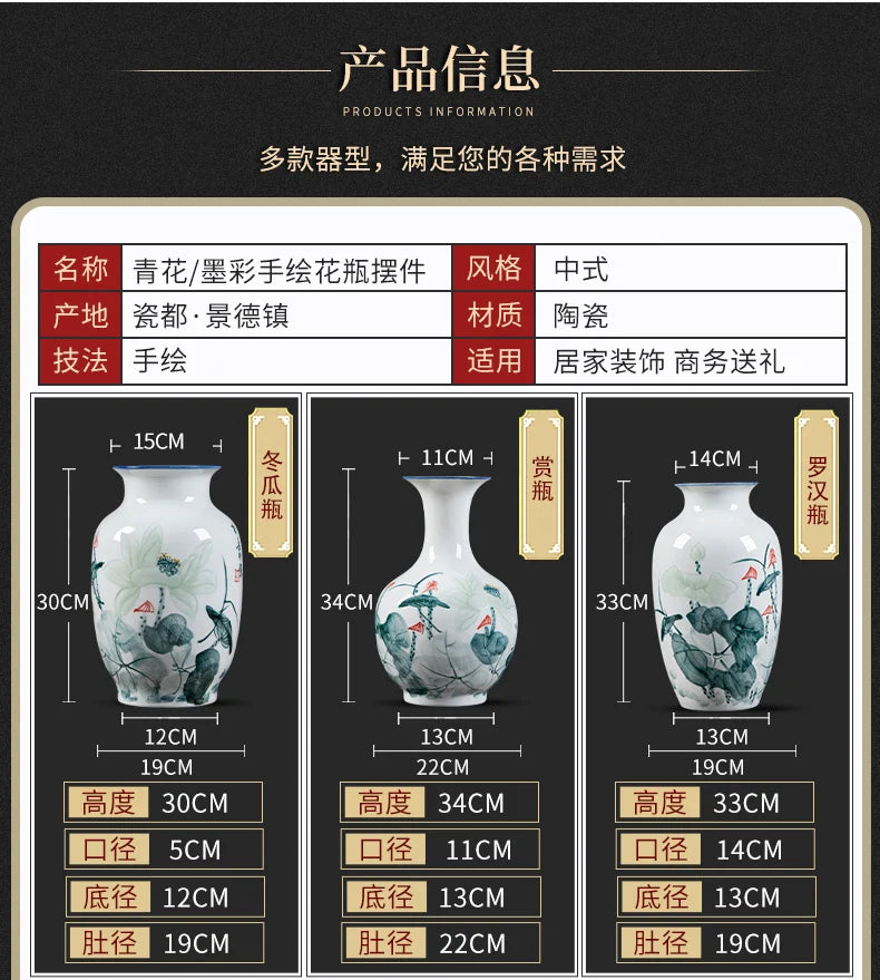 Cette image présente des vases de différentes tailles, décorés de motifs floraux et aquatiques, avec des informations détaillées sur leurs dimensions et caractéristiques.