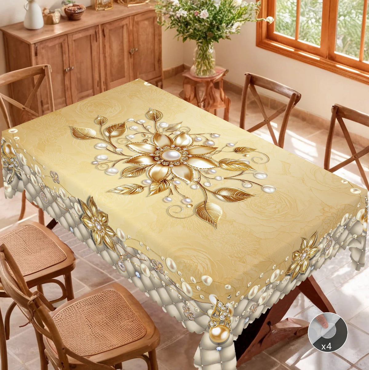 nappe table fleurs dorées blanches classique beige extérieure mariage fête printemps été