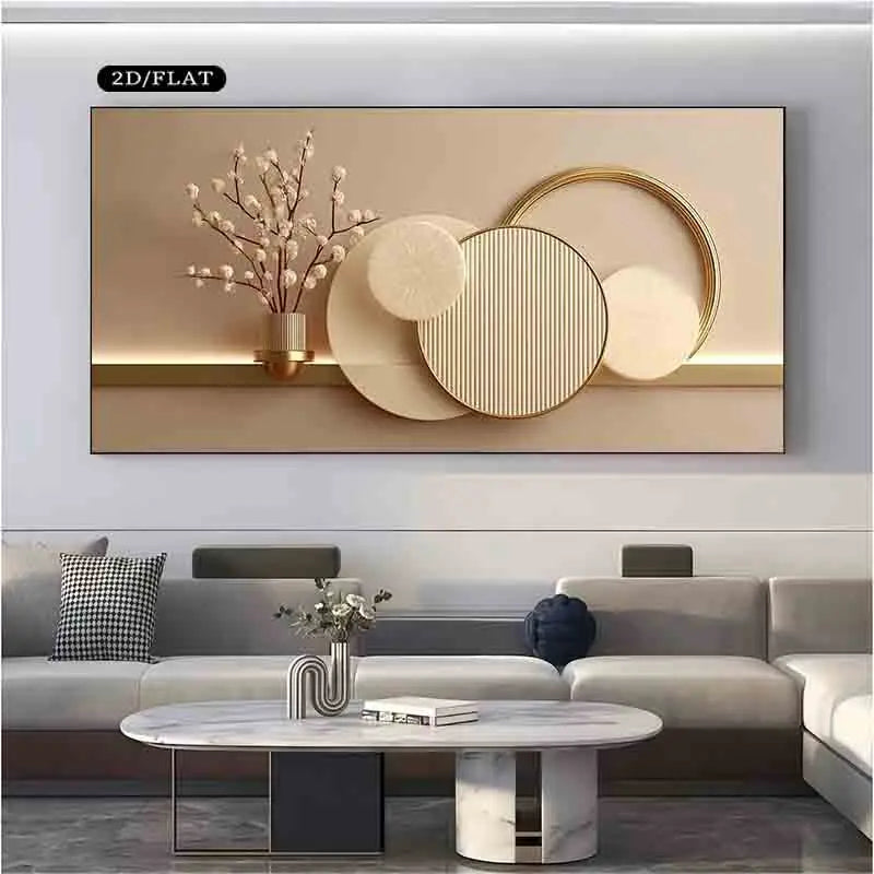 impression toile géométrique moderne minimaliste beige doré blanc gris vertical decoration mur wall art