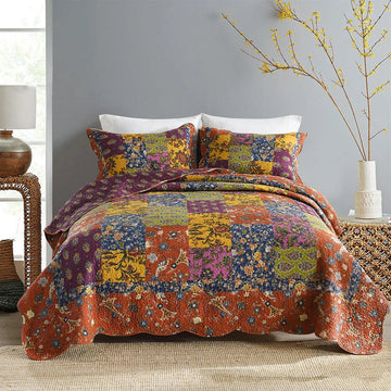 couvre lit patchwork floral boho chic violet orange bleu jaune marron king queen 223x269cm