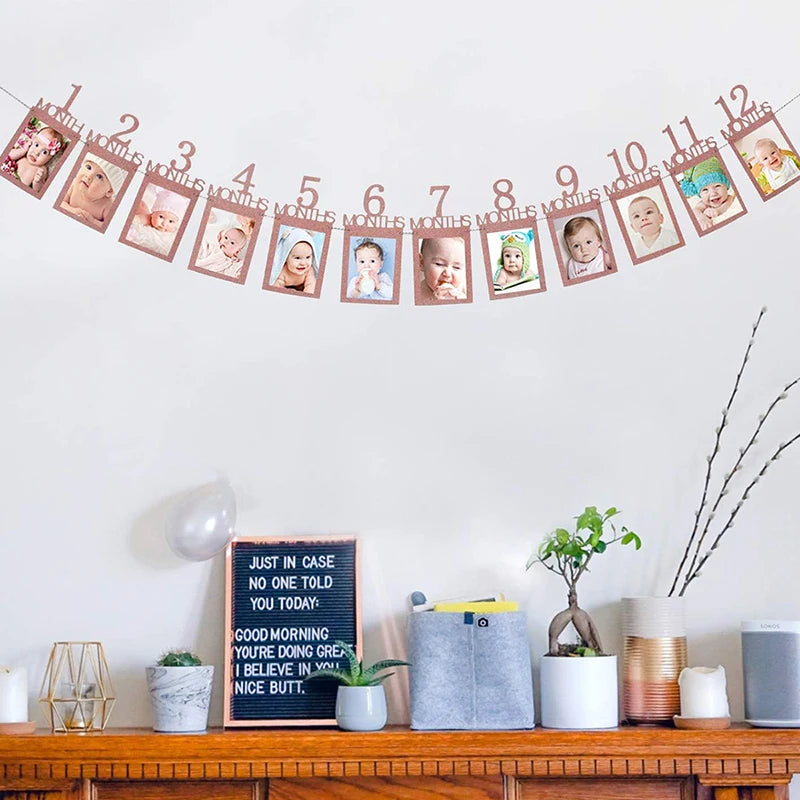 cadre photo mural moderne numéros mois bébé photos minimaliste rose doré bleu marron clair