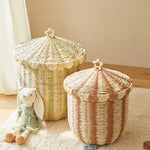 panier rangement osier traditionnel réutilisable respectueux environnement couleur beige marron clair rayures horizontales bordure