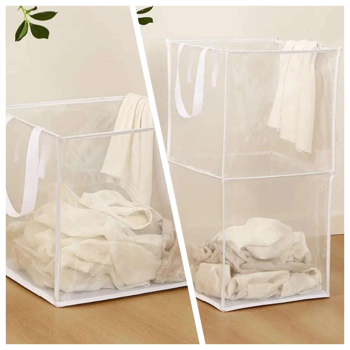 panier linge pliable transparent moderne polyester poignées noires réutilisable multiple capacité grande