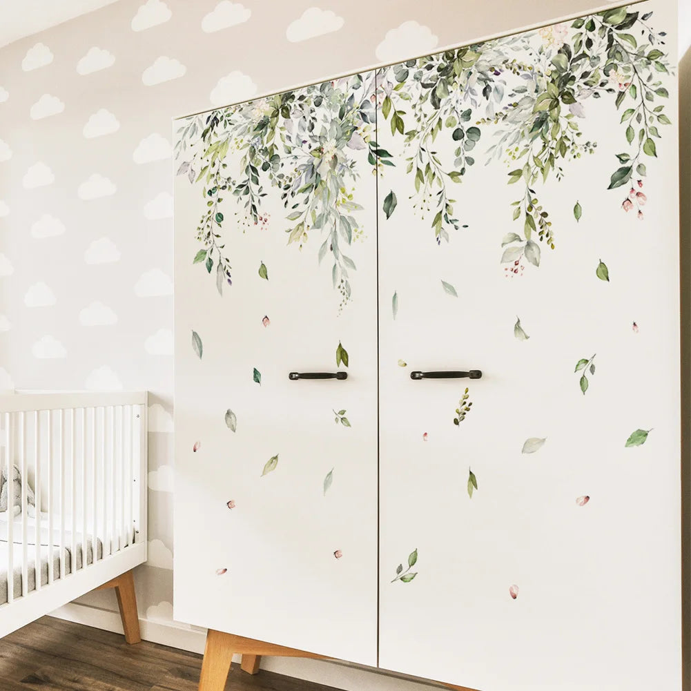 sticker mural adhésif feuilles branches fleurs aquarelle naturel bohème champêtre résistant eau