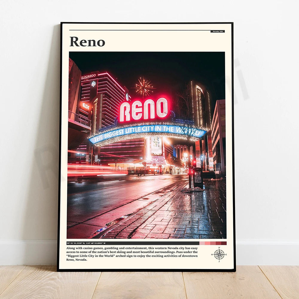 Une ville aux lumières scintillantes, le centre-ville de Reno, Nevada, avec ses bâtiments éclairés et ses divertissements excitants.