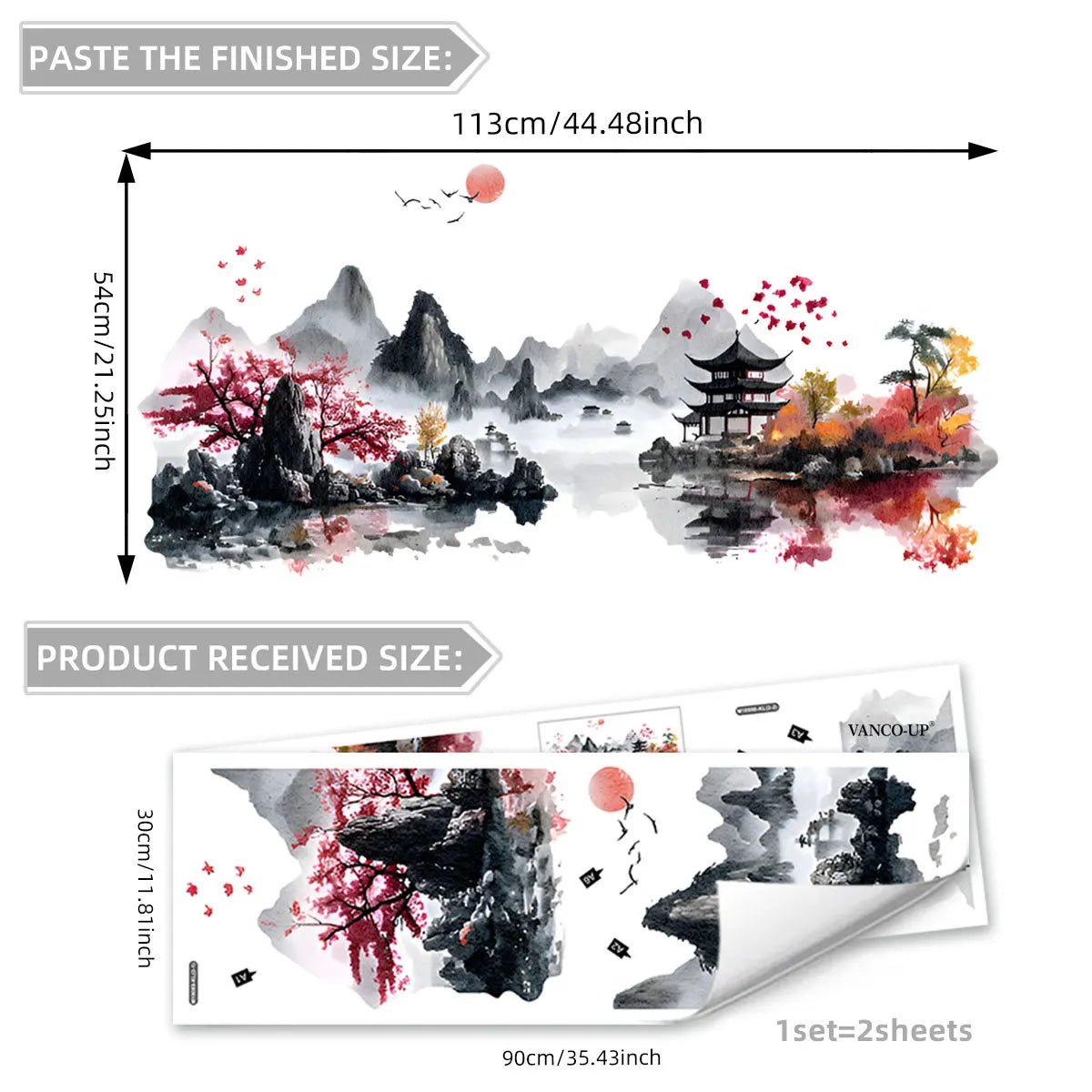 sticker mural paysage oriental adhésif noir gris rouge moderne décoration intérieure chambre salonpaque