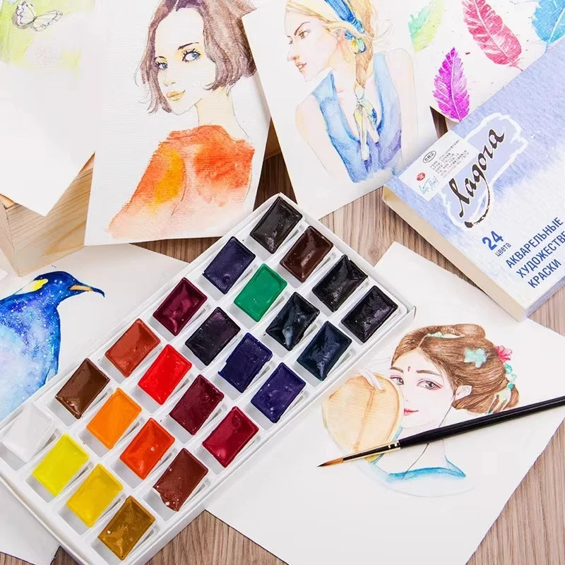 peintures aquarelle 12 16 24 36 couleurs bleu rouge jaune verte palette étudiante