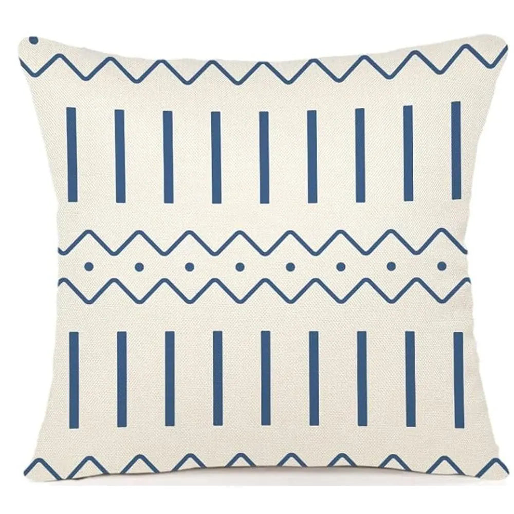 housse coussin polyester motif géométrique bleu marine blanc moderne