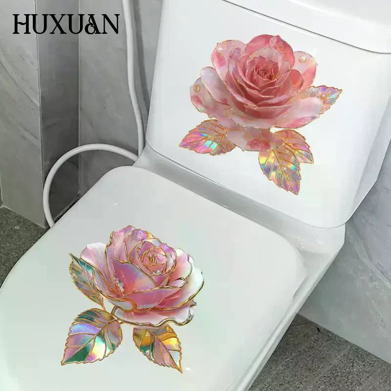 stickers decoratifs toilette rose pale vert clair feuilles dorures artistiques adhesifs salle bain