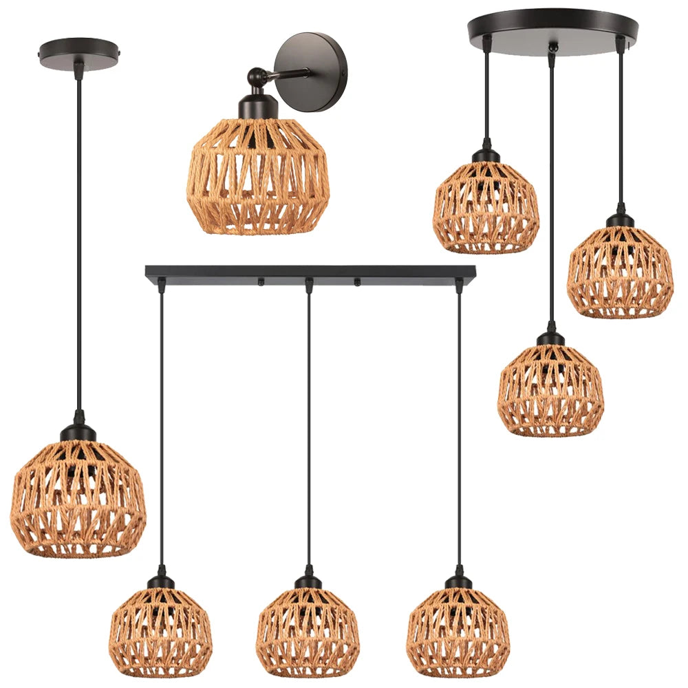 suspension lumineuse tressée rotin marron noir moderne rustique lampes pendentif