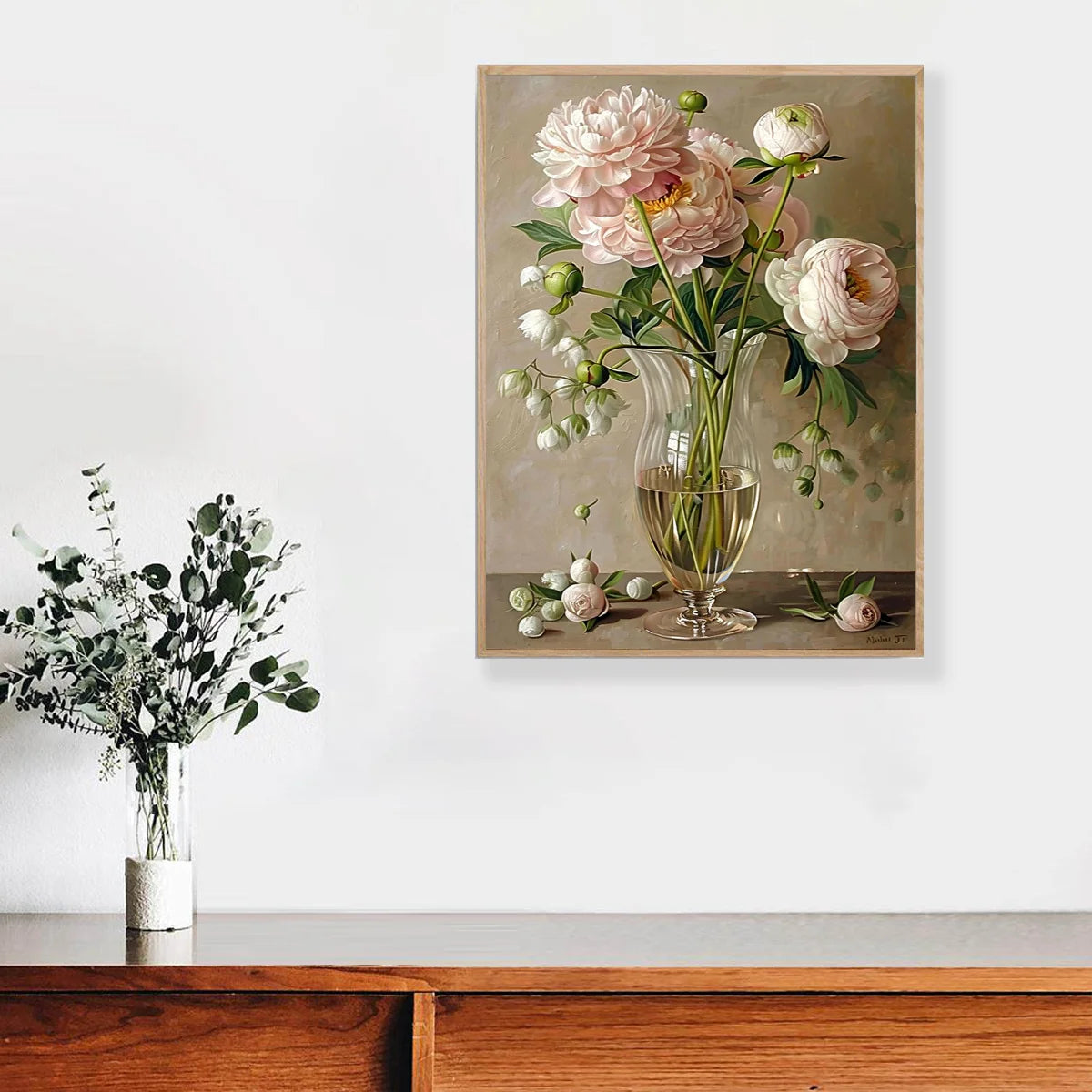tableau brodé fleurs bouquet vase transparent peinture huile cadre bois décoration murale tissu 11ct