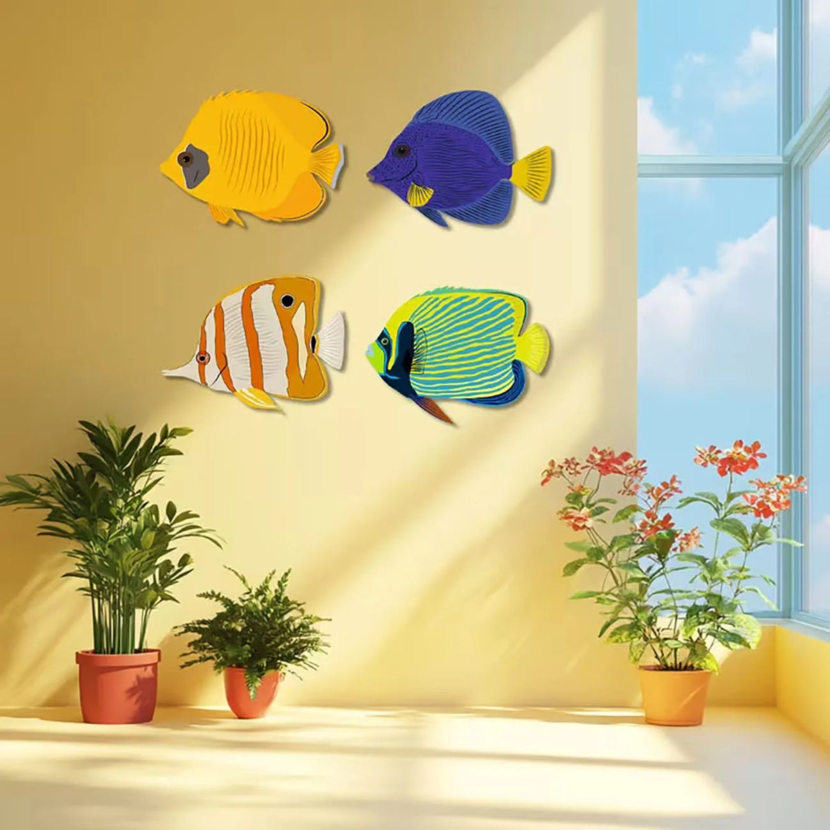 décorations murales poissons bois couleurs violet jaune orange rayures adhésif double face illustration chambre