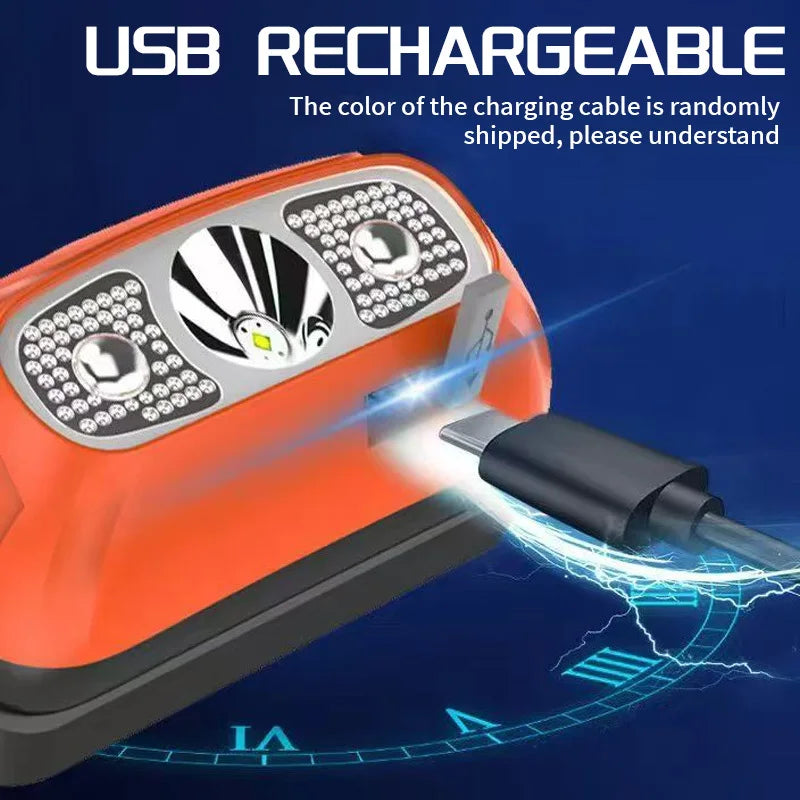 lampe frontale led rechargeable sensor switch ceinture élastique mode pratique orange vert noir