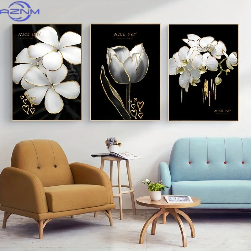 toiles d'art moderne élégantes fleurs stylisées coeurs dorés blanc noir sans cadre