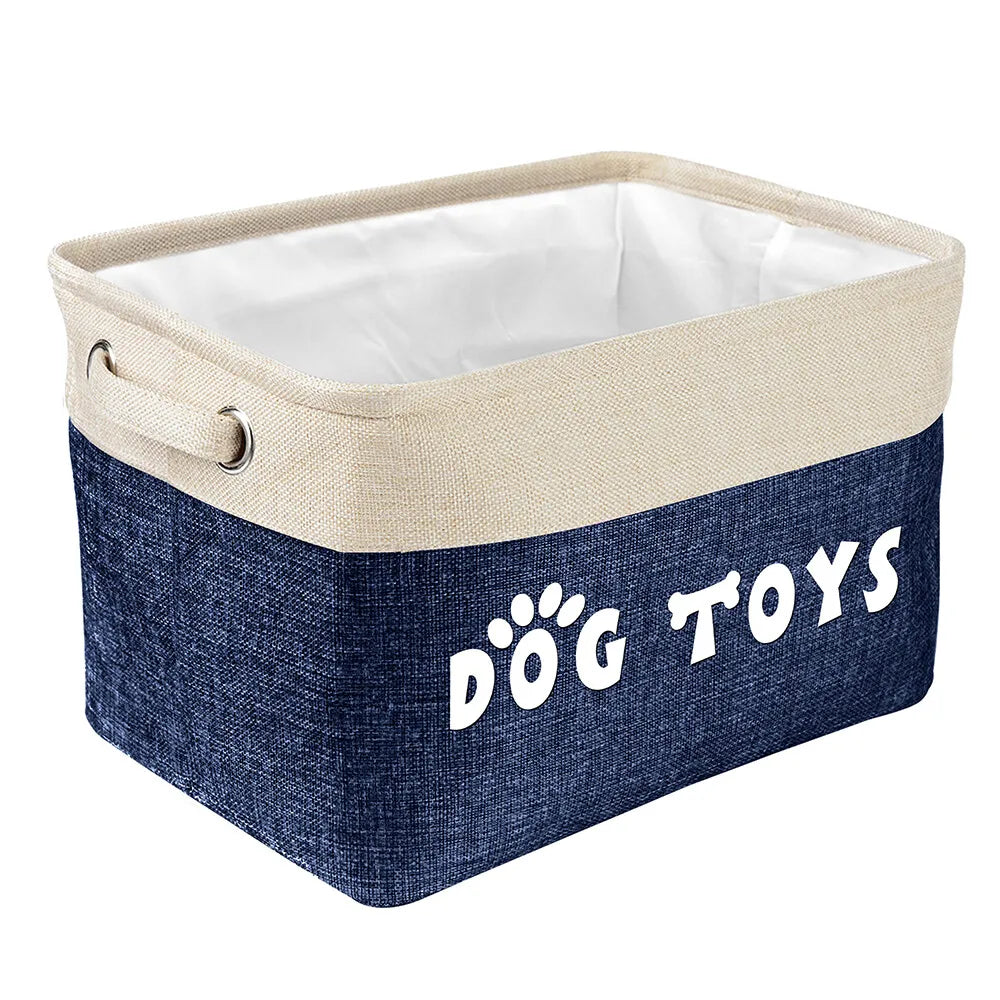 panier rangement jouets chien toile jute moderne poignées métalliques couleur beige bleu marine rose