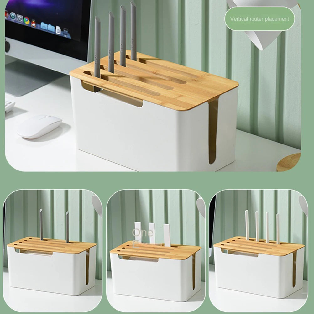boîte rangement moderne blanc bois routeur télécommandes câbles organisation protection minimaliste