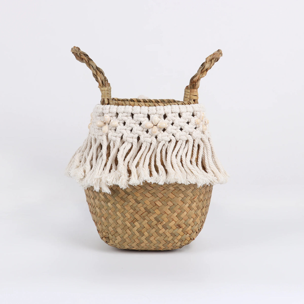 panier boho tressé rotin franges blanches rangement plantes decoration naturelle artisanal poignées bois