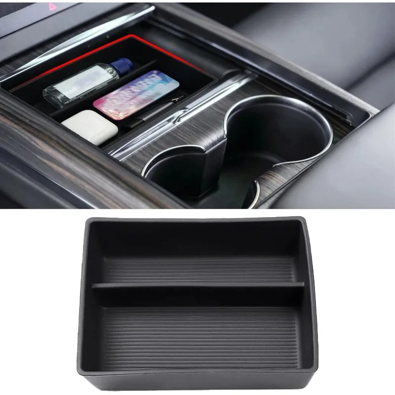 organisateur console centrale auto noir plateau texturé rainures moderne minimaliste téléphone stylo masque facial