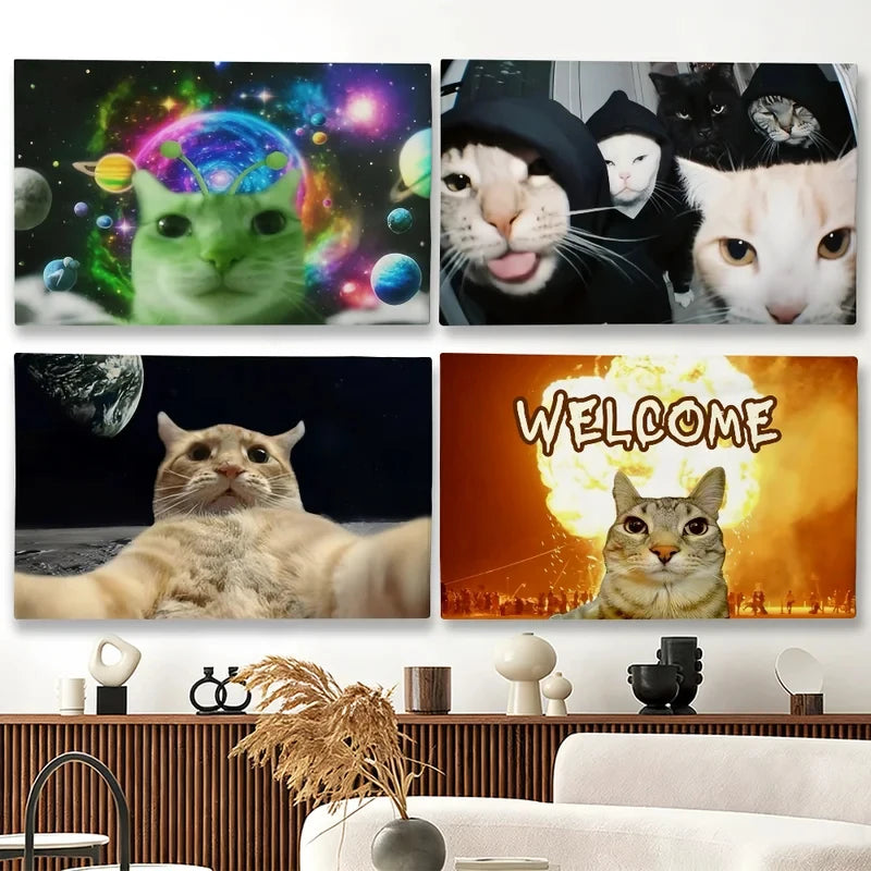 tapisserie murale chat espace vert motif galactique décoration chambre salon moderne humour tissu polyester