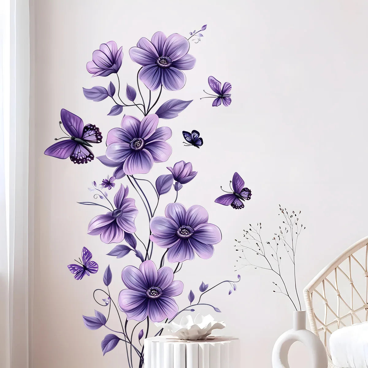 sticker mural adhésif fleurs violettes papillons floral romantique décoration intérieure accessoires maison chambre salon